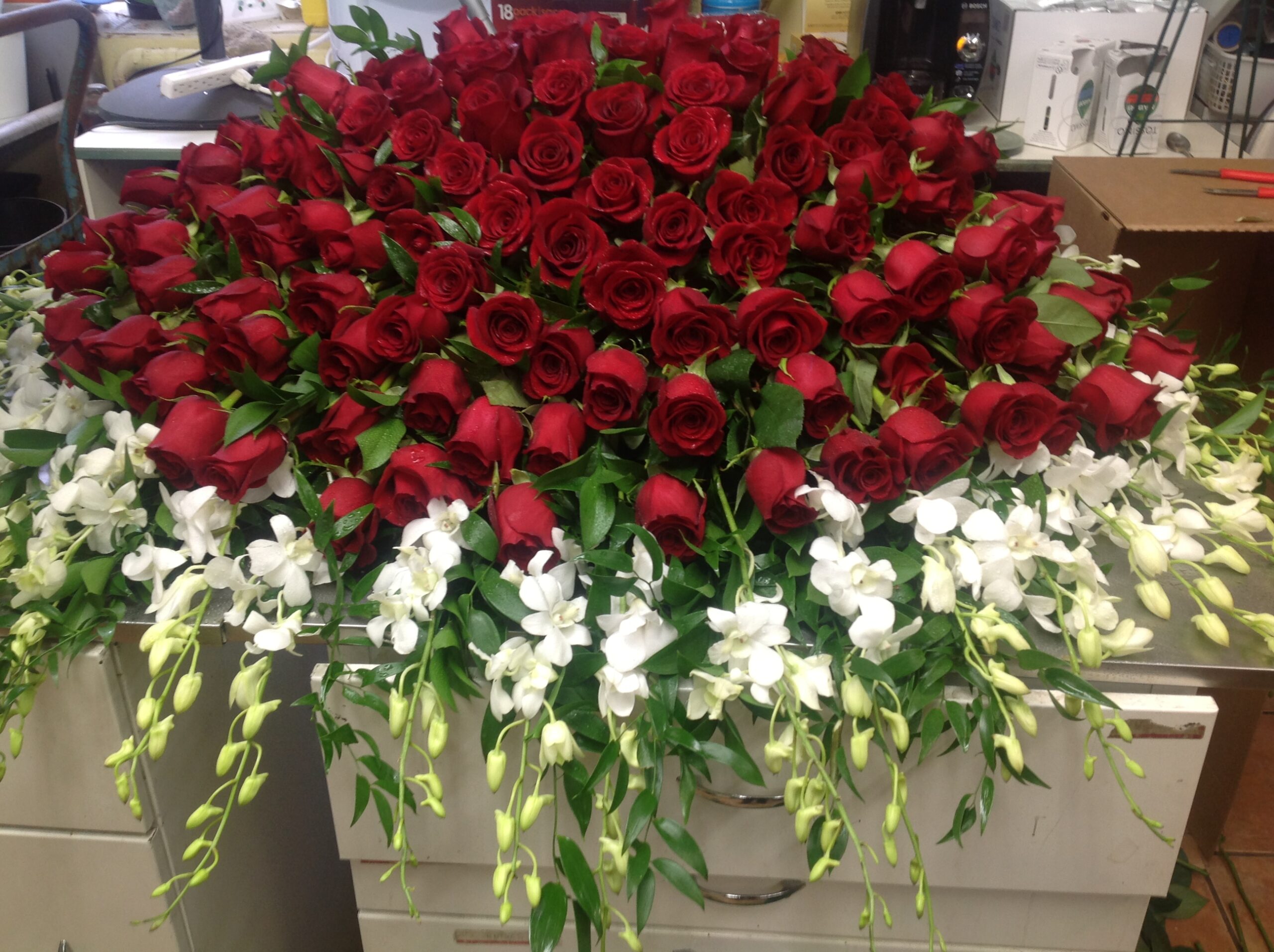 Red Roses With White Orchid Spray